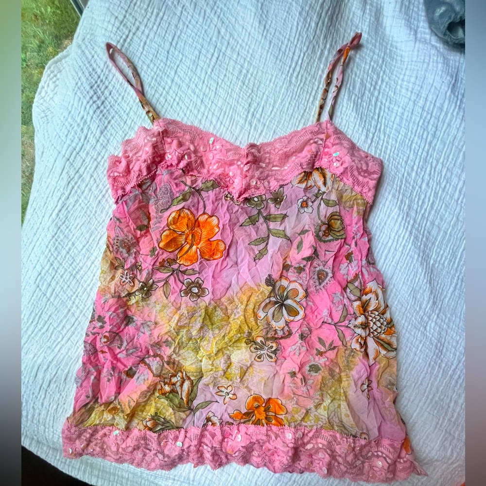 Y2K VTG bubblegum Pink sequin lace floral embellished cami sheer tank top